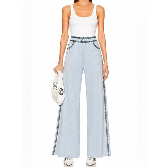 Sabina Musayev Denim - Sabina Musayev Light Wash Wide Leg Jeans Braided Trim High Rise Boho Chic